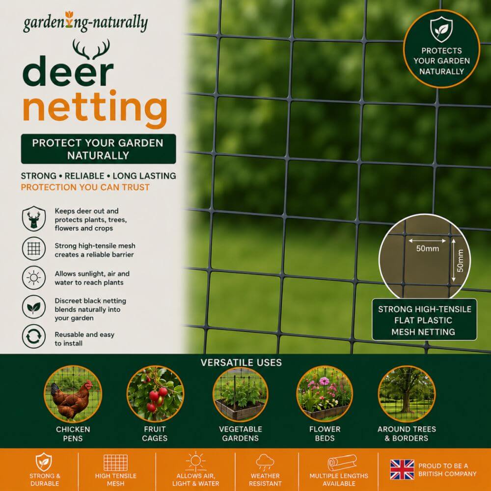 Deer netting product with features and uses on a green background