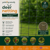 Deer netting product with features and uses on a green background