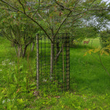 Tree supported by a deer netting in a grassy field with a deer in the background
