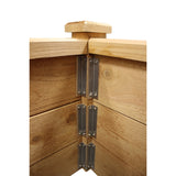 Close-up of a wooden corner post with metal corner brackets and a wooden cap, shown against a plain white background.
