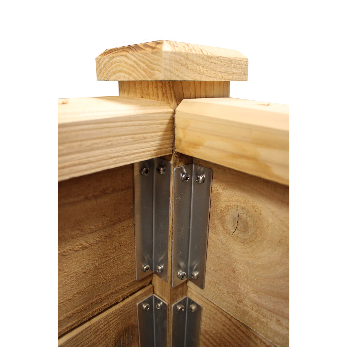 Close-up of a wooden cabinet corner with metal L-bracket hardware connecting the front and side panels, on a white background.