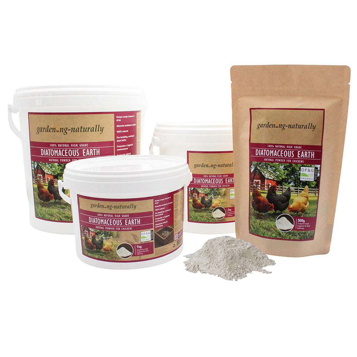  Diatomaceous Earth product shown in multiple packaging formats: two white plastic buckets, one kraft paper pouch, and a small pile of the light gray powder in front, all on a white background.
