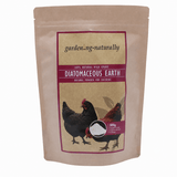 A stand-up pouch of gardening-naturally Diatomaceous Earth natural powder for chickens, shown on a plain white background.