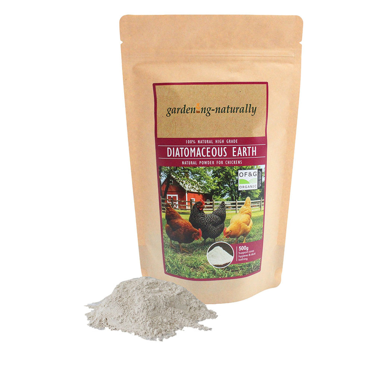 A stand-up pouch of gardening-naturally Diatomaceous Earth for chickens, shown on a white background with a small pile of the light gray powder in front of the package.