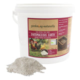 A white plastic bucket of gardening-naturally Diatomaceous Earth for chickens, shown with a small pile of the light gray powder in front on a white background.