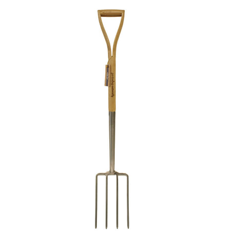 Garden fork with wooden handle on a white background