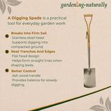 Digging spade with features listed on a beige background, branded 'gardening-naturally'.