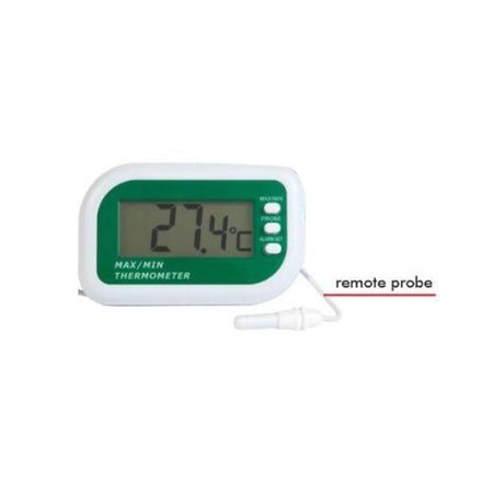 A digital max/min thermometer with a large LCD display showing the temperature, alongside a remote probe connected by a cable.