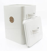 A stylish French grey dog food biscuit tin made from galvanised powder-coated steel with a metal rose gold tag featuring a small dog picture and the text 'Dog'.