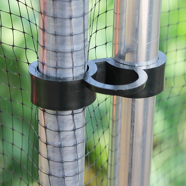 A fruit cage door catch clip attached to a metal cage upright post, with a mesh fabric attached to the cage.