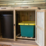Wooden storage cabinet with bins inside