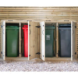 4 wooden wheelie bin storage sheds with open doors showing 4 wheelie bins