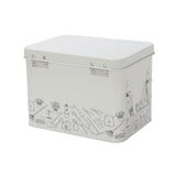 Seed tin with tools on it on white background