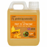 A 1 litre plastic jug of gardening-naturally Fruit Fly Attractant, filled with a golden-yellow liquid. 