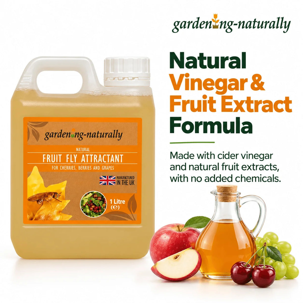A 1 litre plastic jug of gardening-naturally Fruit Fly Attractant filled with amber liquid.