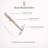 Dual-headed hoe with leather loop, wooden handle, and stainless steel blade on a white background.