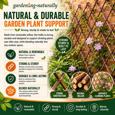 Garden trellis with plants against a brick wall, featuring text about natural and durable garden plant support.