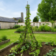 Vegetable garden with a Eiffel tower trellis structure and plants in a backyard setting.