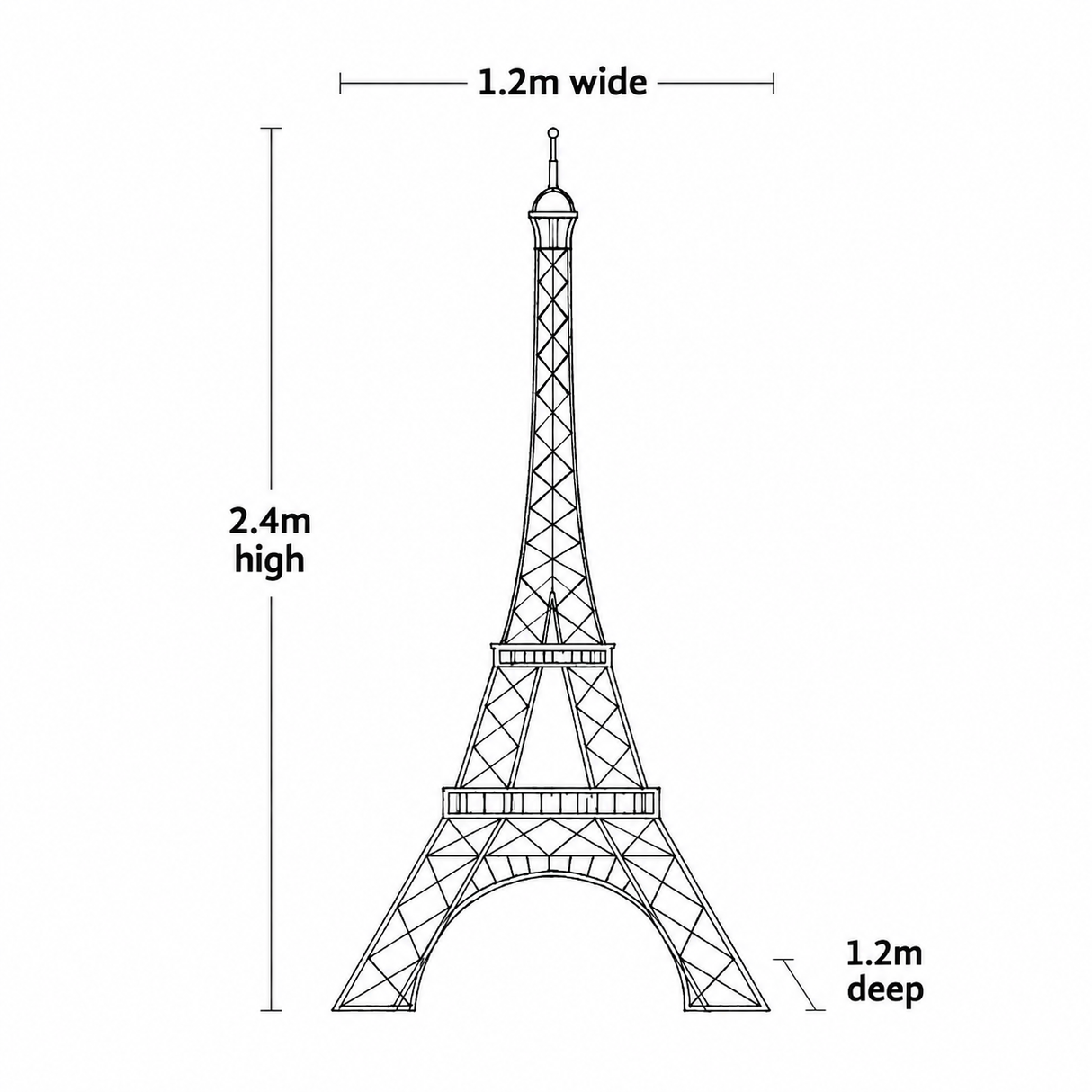 Measurement chart of a Eiffel Tower model with dimensions labeled.