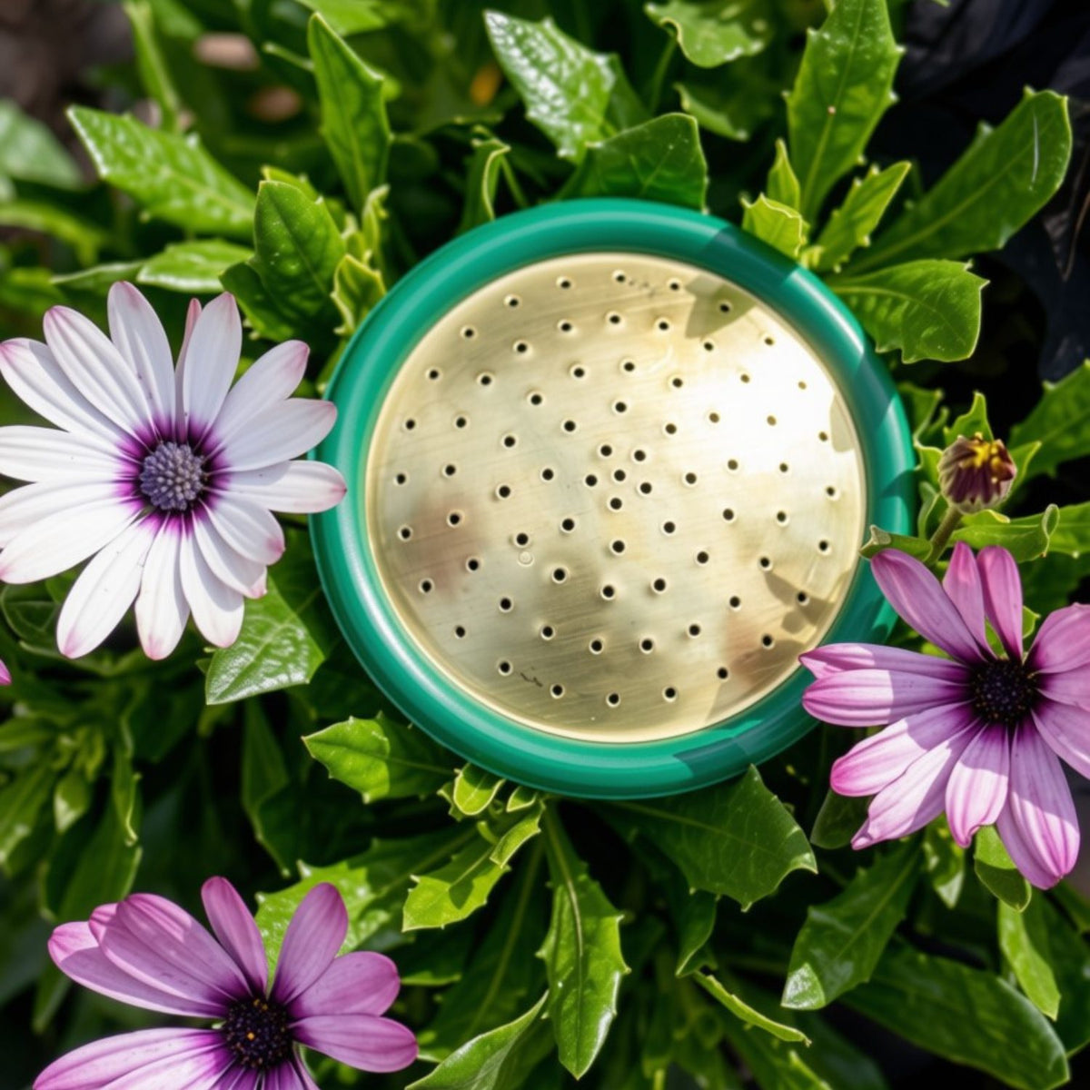 A close-up of a round garden watering can with a brass spray head and green handle, nestled among green foliage and pink and white flowers.