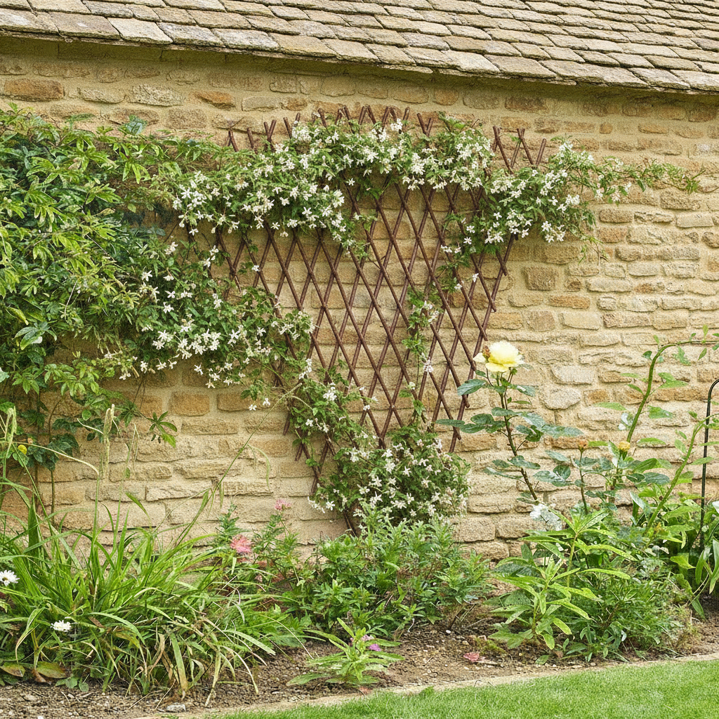 Decorative wood trellis on a stone wall with climbing plants and flowers.