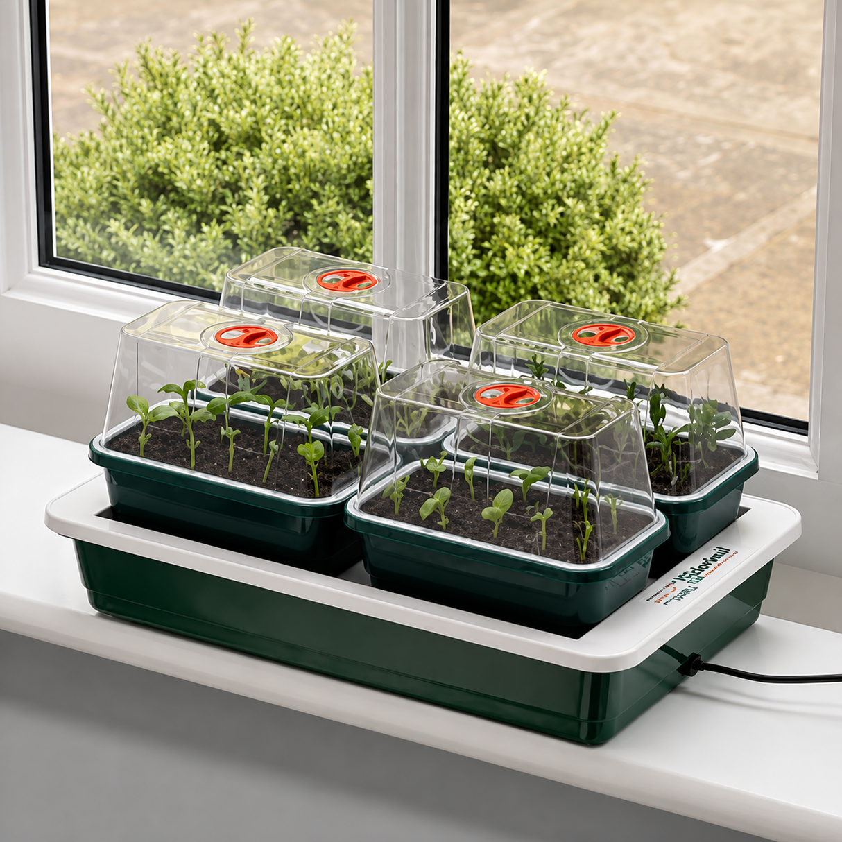A green and white windowsill propagator with four individual propagating chambers, each containing soil and seedlings, placed on a windowsill.