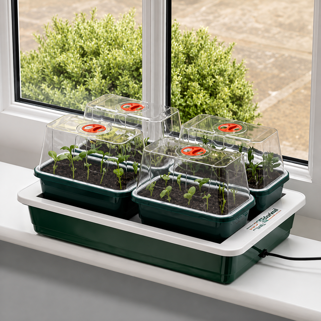 A green and white windowsill propagator with four individual propagating chambers, each containing soil and seedlings, placed on a windowsill.