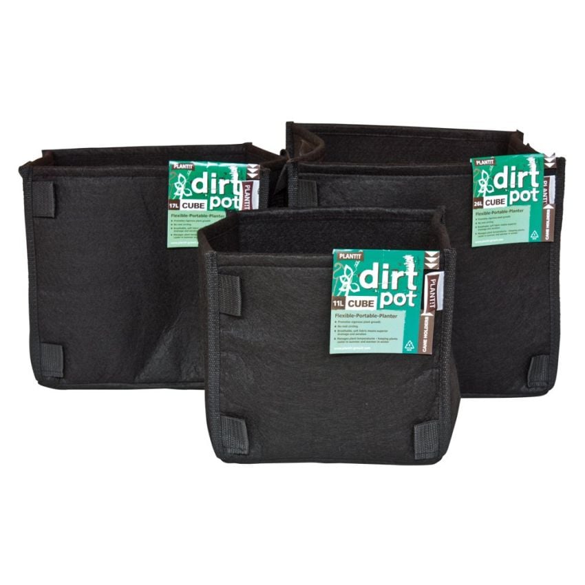 Three black square base dirt pots with product labels visible, designed for gardening.