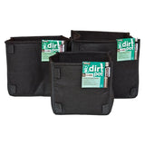 Three black square base dirt pots with product labels visible, designed for gardening.