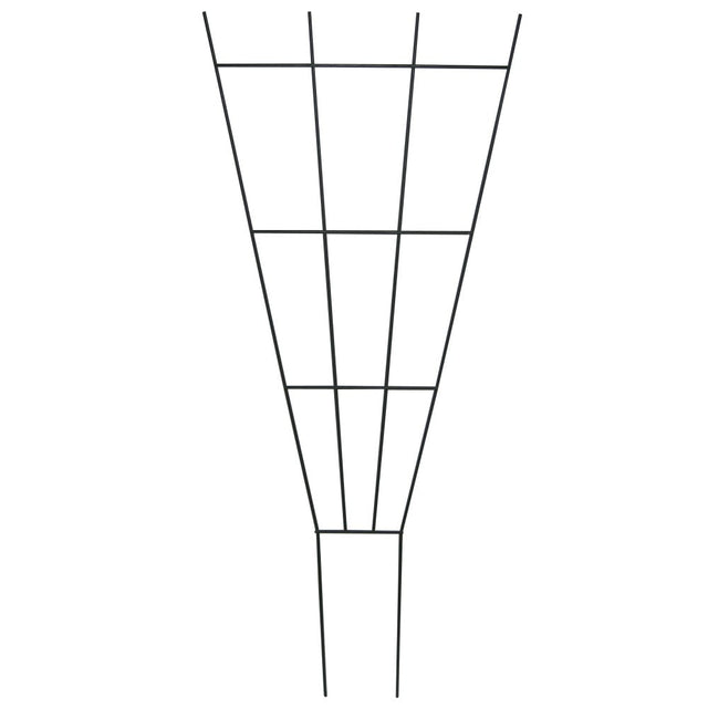 A black fan-shaped trellis designed for use with plant pots to support climbing plants.