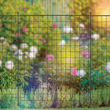 A section of black metal fencing installed in a garden setting, with floral blurred background.