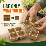 A person's hands are shown assembling four small biodegradable seed-starting cells into one larger tray on a wooden surface. 