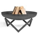stylish black bowl style firepit with logs on white background