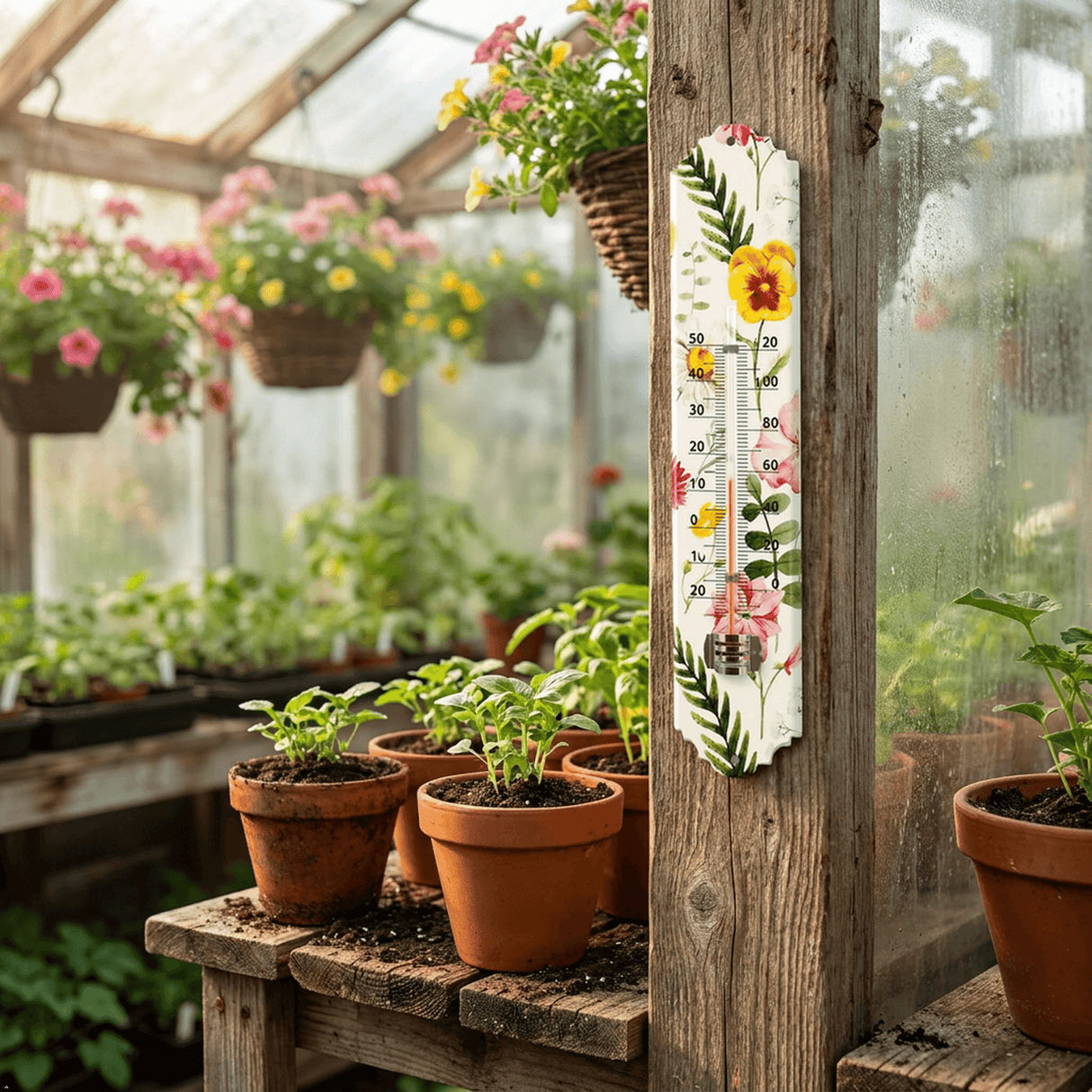 Thermometer with floral design in a greenhouse setting