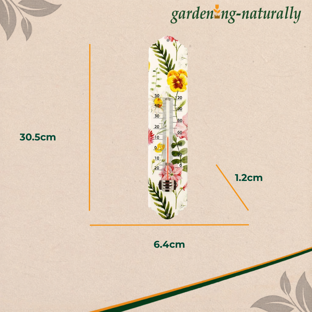 Floral-themed thermometer with dimensions on a beige background, featuring the brand 'gardenig-naturally'.