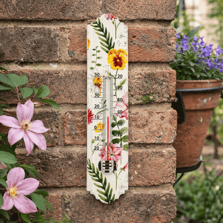 Floral-themed outdoor thermometer on a brick wall with plants in the background