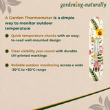 Garden thermometer with floral design on a beige background, featuring text about its uses.