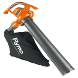 Flymo leaf blower with orange nozzle on a black background