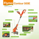 Flymo grass strimmer infographics on white background