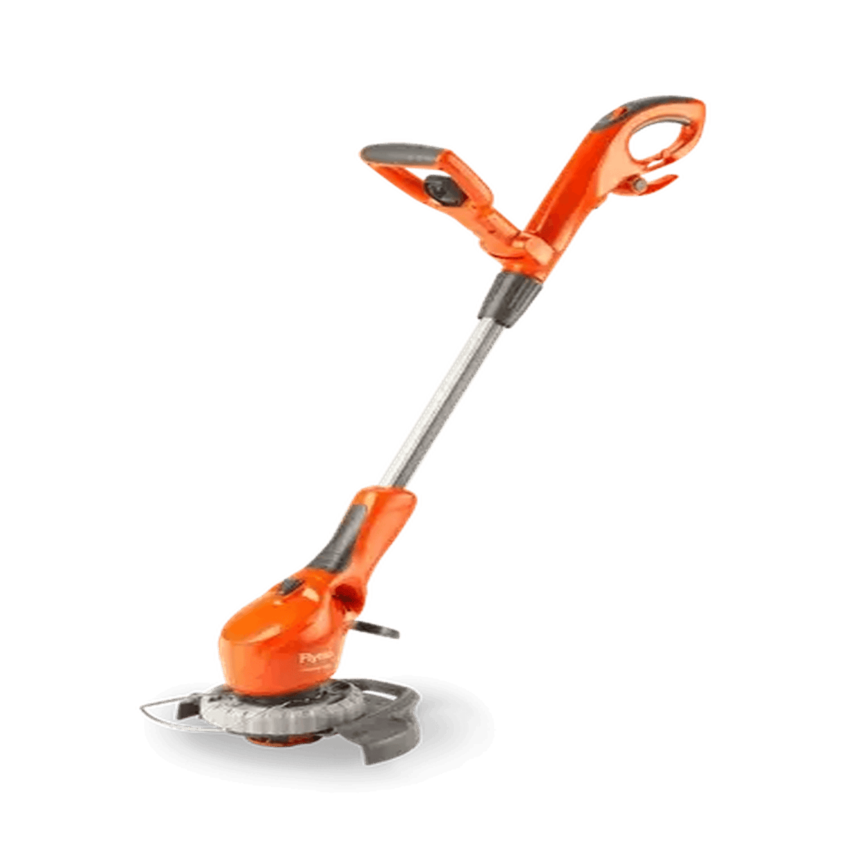 Orange flymo string trimmer on a black background