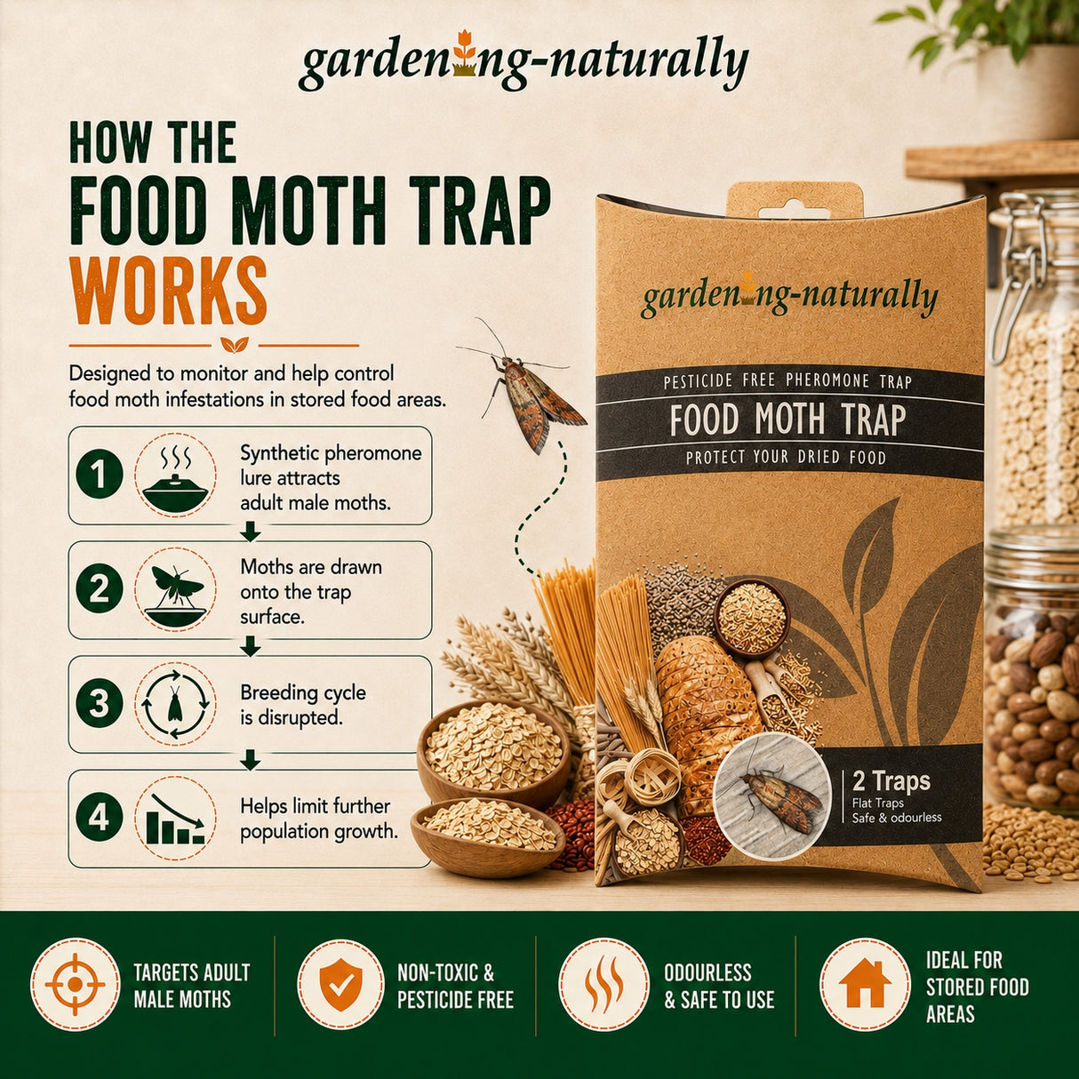 A product infographic for the garden-ng-naturally food moth trap. The image features a kraft paper trap bag, a close-up of a captured moth, and various food items like wheat, oats, and beans to illustrate how the trap attracts and disrupts food moths.