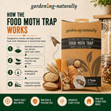 A product infographic for the garden-ng-naturally food moth trap. The image features a kraft paper trap bag, a close-up of a captured moth, and various food items like wheat, oats, and beans to illustrate how the trap attracts and disrupts food moths.