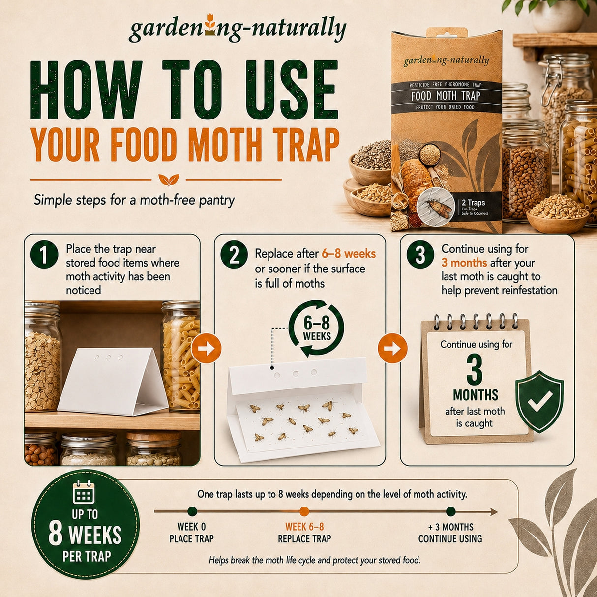 An infographic titled 'HOW TO USE YOUR FOOD MOTH TRAP' from garden-naturally, showing a bag of traps, jars of grains, and three numbered steps with photos explaining how to place, replace, and use the traps.
