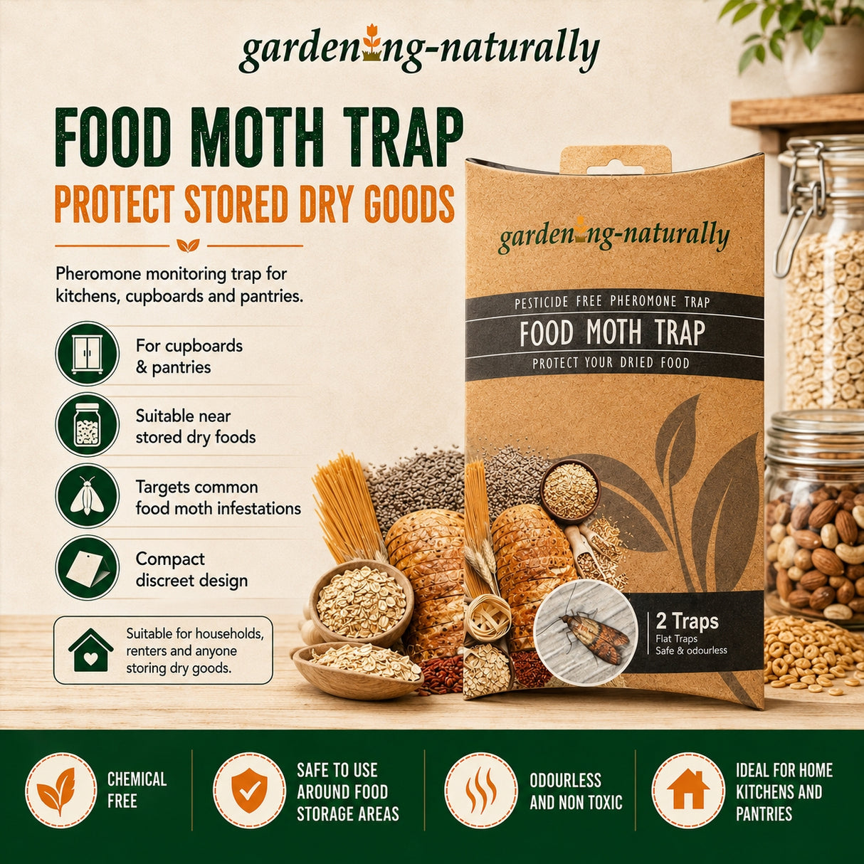 A package of garden.ng-naturally food moth trap shown on a styled kitchen counter with jars of grains and breads, accompanied by informational text and icons about its use for dry goods storage.