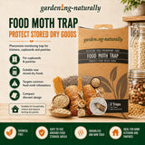 A package of garden.ng-naturally food moth trap shown on a styled kitchen counter with jars of grains and breads, accompanied by informational text and icons about its use for dry goods storage.