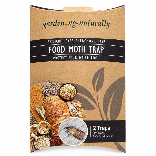 Gardening-Naturally food moth trap packaging with dried food items and pest illustration.