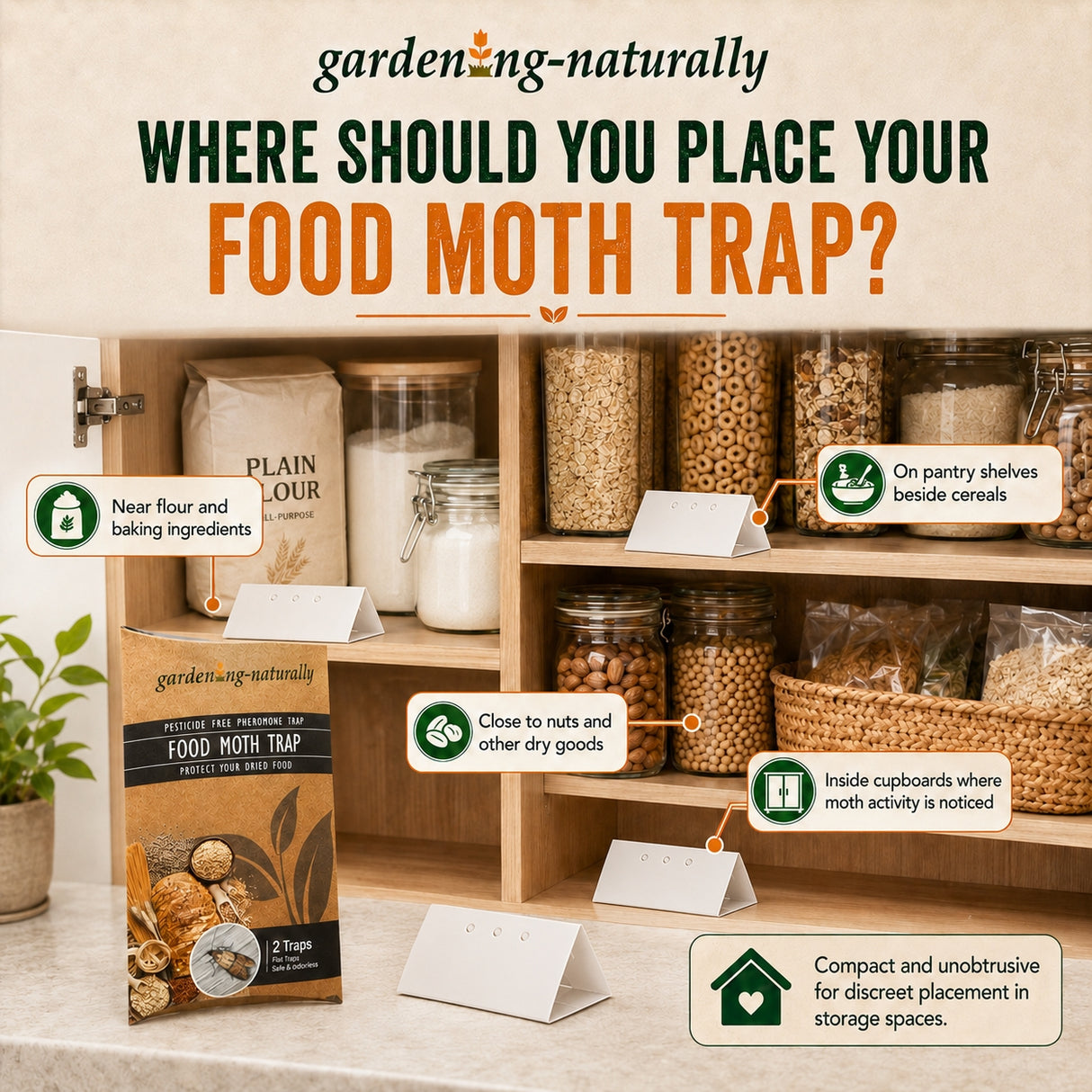 Promotional graphic for gardening-naturally food moth trap, showing a product box in a kitchen pantry setting with text callouts explaining placement options near flour and baking ingredients, on pantry shelves beside cereals, next to nuts, and inside cupboards.