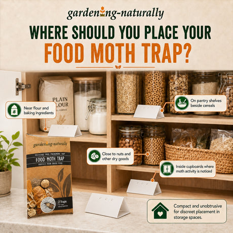 Promotional graphic for gardening-naturally food moth trap, showing a product box in a kitchen pantry setting with text callouts explaining placement options near flour and baking ingredients, on pantry shelves beside cereals, next to nuts, and inside cupboards.