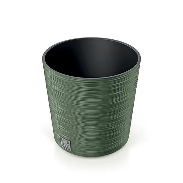 Green coloured plant pot with ribbed exterior and an inner pot