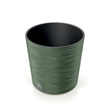Green coloured plant pot with ribbed exterior and an inner pot